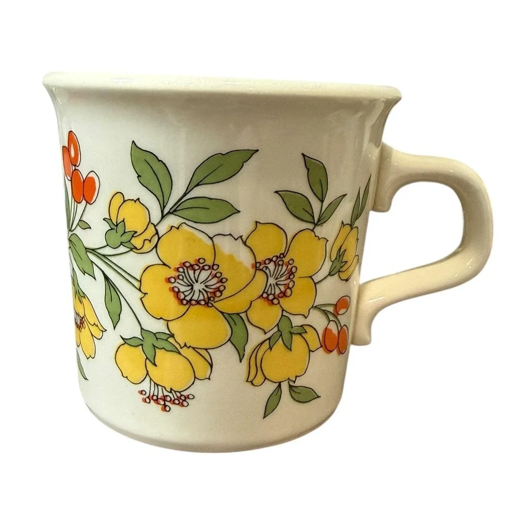 Vintage 70s Floral Mugs Taylor USA Set‎ 4 Yellow Orange Boho Retro Cups